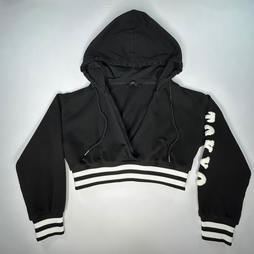 Akira Tokyo Black Cropped Hoodie Chenille Sleeve Streetwear Large